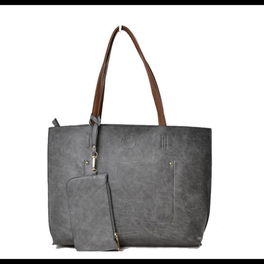 Dark Grey / Brown Tote Bag With Matching Wristlet
